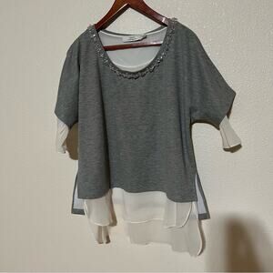 Robert Rodriguez gray silk jeweled neckline boxy blouse small